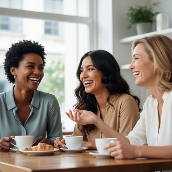 Three happy friends laugh together during a coffee break in a modern, airy cafe.
