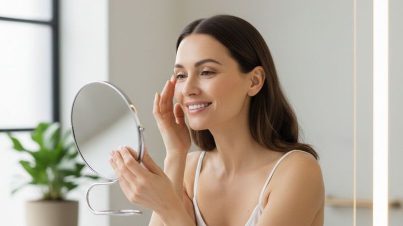 A radiant woman smiles while looking into a handheld mirror and gently touching her smooth cheek in a bright, modern setting. A radiant woman smiles while looking into a handheld mirror and gently touching her smooth cheek in a bright, modern setting.