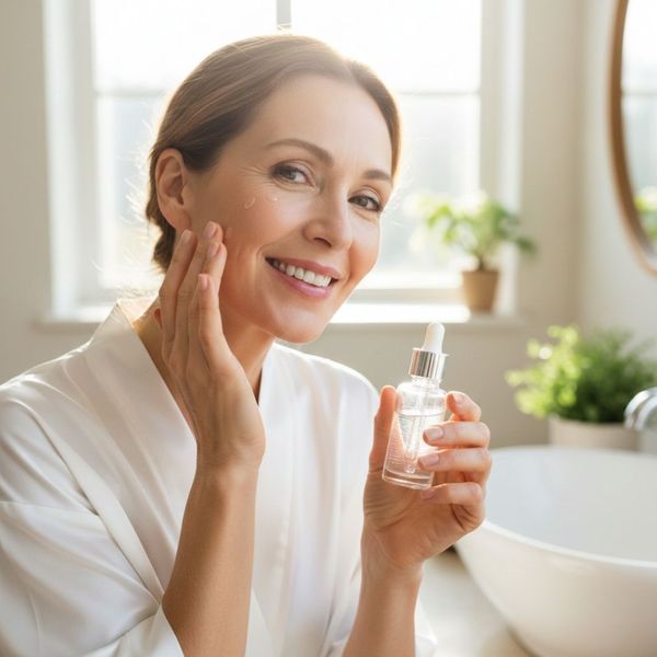 A radiant woman smiles joyfully while holding a facial serum bottle and applying the product to her cheek in a sunlit room.