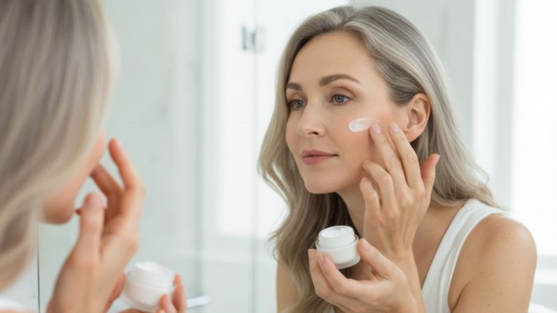 A woman with elegant gray hair dabs medical-grade eye cream onto her under-eye area while looking into a mirror. A woman with elegant gray hair dabs medical-grade eye cream onto her under-eye area while looking into a mirror.