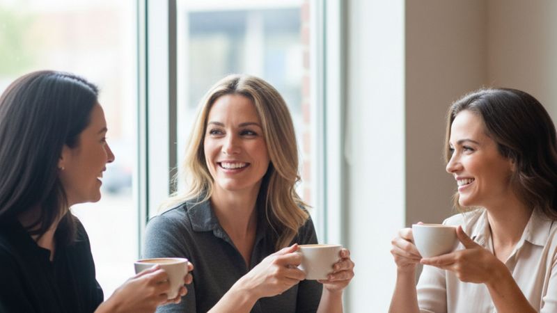 Three smiling women engage in a friendly conversation while enjoying coffee together in a sunlit indoor space. Three smiling women engage in a friendly conversation while enjoying coffee together in a sunlit indoor space.