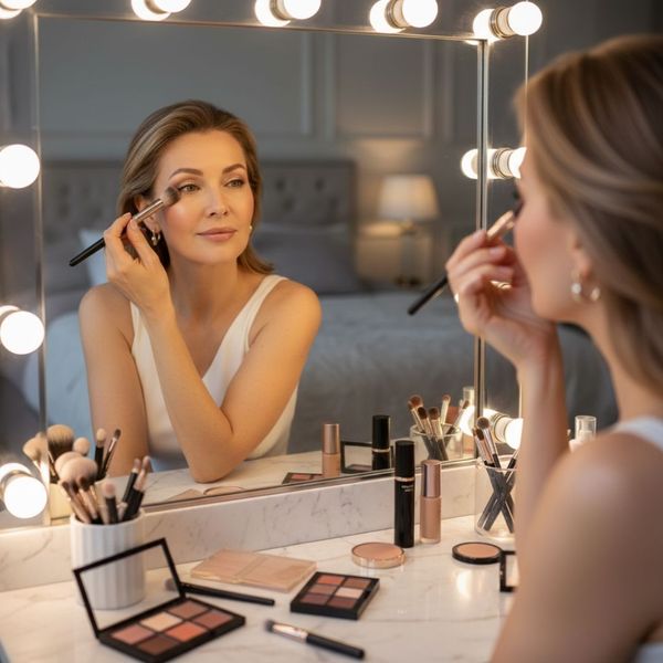 A sophisticated woman applies makeup with a brush while looking into a professional vanity mirror with bright light bulbs.