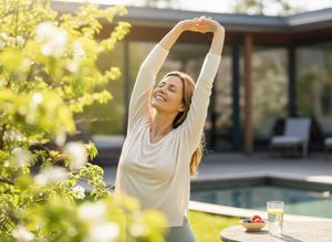 A smiling woman stretches her arms overhead in a sunny garden. A glass of water and berries sit on a table by a pool, emphasizing wellness. Joyful Woman Stretching Outdoors