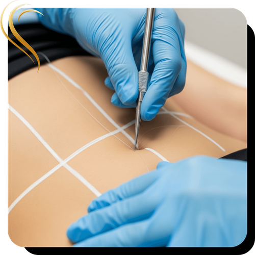 PDO threads procedure being done on woman's stomach