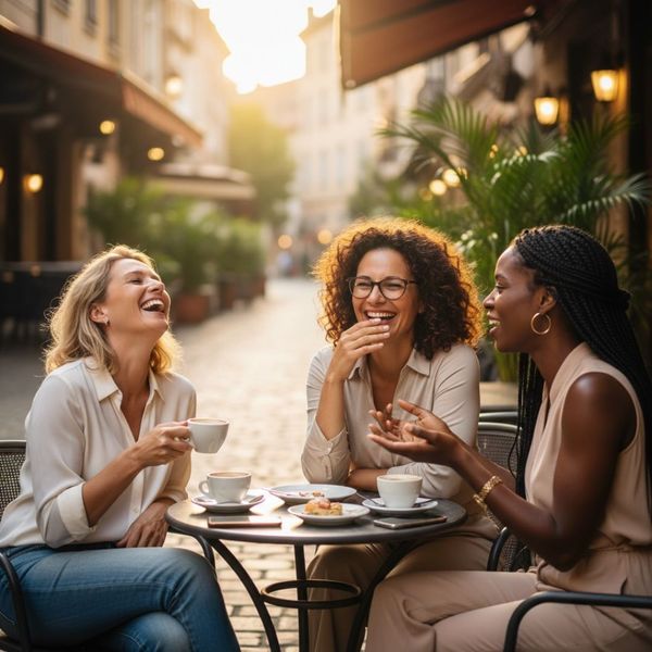 Three diverse women laugh and enjoy a conversation at an outdoor cafe table during a bright, sunny afternoon.