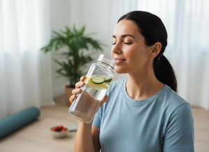 A happy woman with dark hair and a light blue shirt, eyes closed, sips refreshing cucumber and lemon infused water from a clear bottle. Woman enjoying infused water
