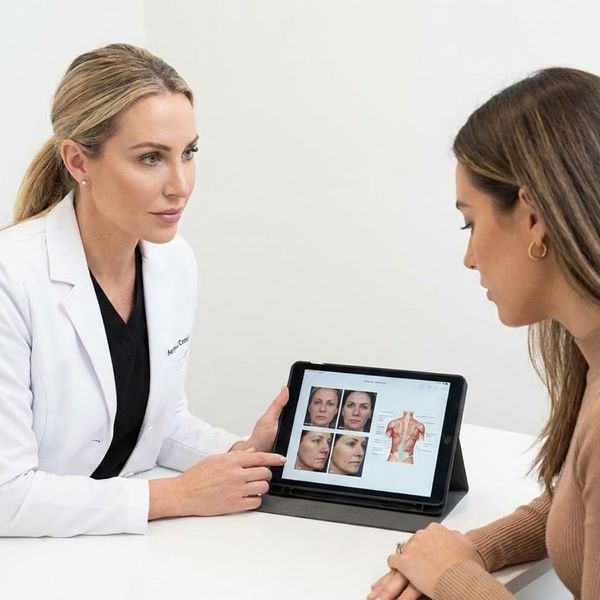 Aesthetic consultant discussing treatment options with a client using a tablet.