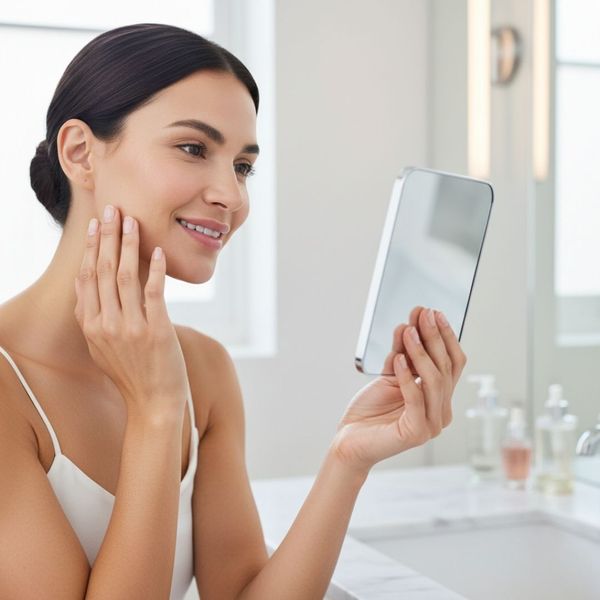 A woman with her hair pulled back smiles contentedly while admiring her clear, youthful skin in a mirror.