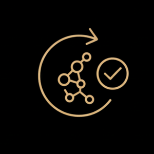 Gold icon showing a molecular chain with a checkmark and a circular arrow, representing optimized metabolism and efficient nutrient uptake. Gold icon showing a molecular chain with a checkmark and a circular arrow, representing optimized metabolism and efficient nutrient uptake.