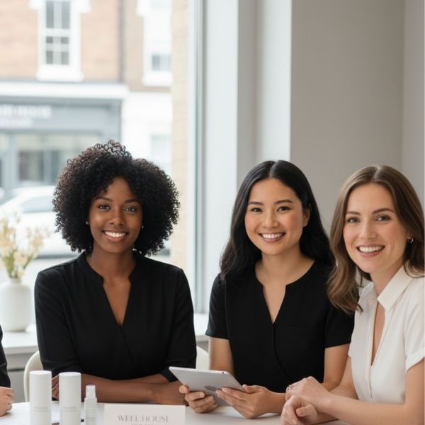 Three diverse, confident women sit together at a table in a professional environment, smiling toward the camera.