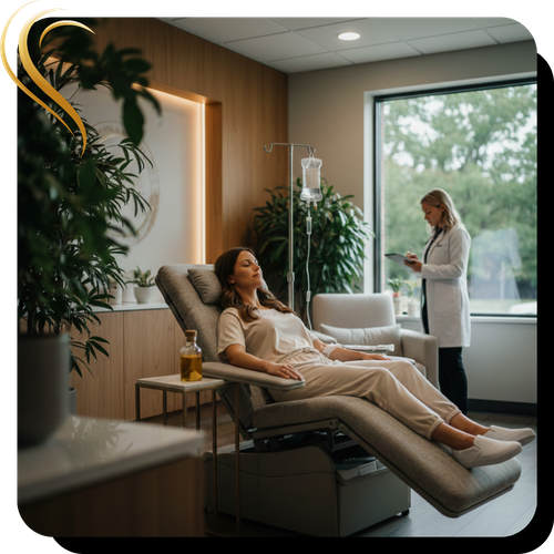 A patient resting comfortably in a reclined treatment chair at Well House in Winchester, while a medical professional in a lab coat reviews care protocols nearby.