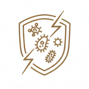 Gold shield icon featuring a lightning bolt striking bacteria and viruses, representing the antimicrobial and antibacterial properties of ozone therapy.
