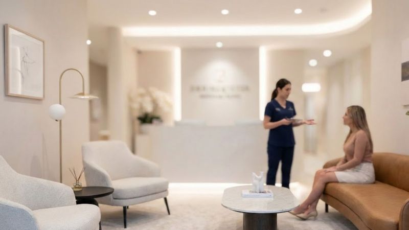 clinic reception area with consultant and client