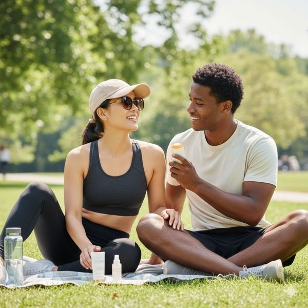 A man and woman sit on a picnic blanket in a lush green park, smiling at each other while using sun protection products.