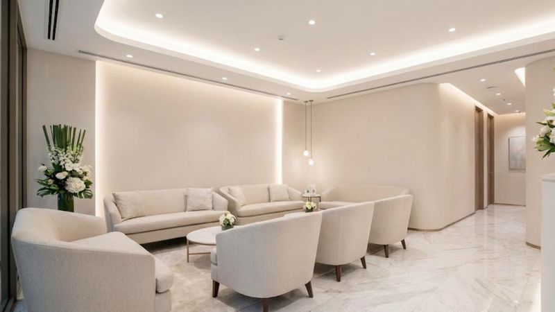 A modern and luxurious aesthetic clinic waiting area with comfortable seating.