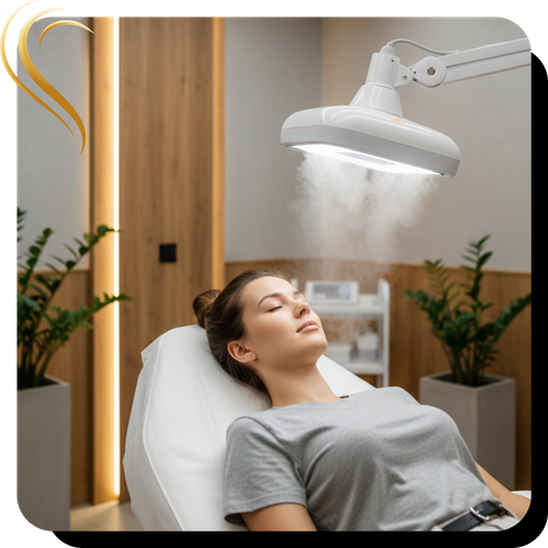 A peaceful patient undergoing a professional facial misting and ozone therapy treatment under a modern clinical light in a wellness facility.