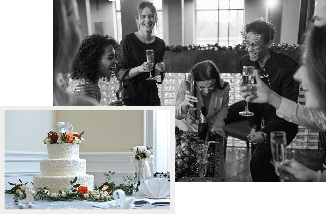 images of people at party and wedding cake