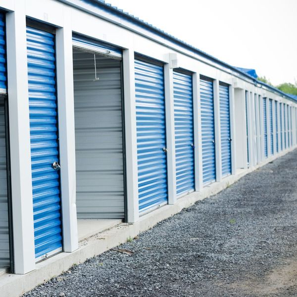 row of blue storage units