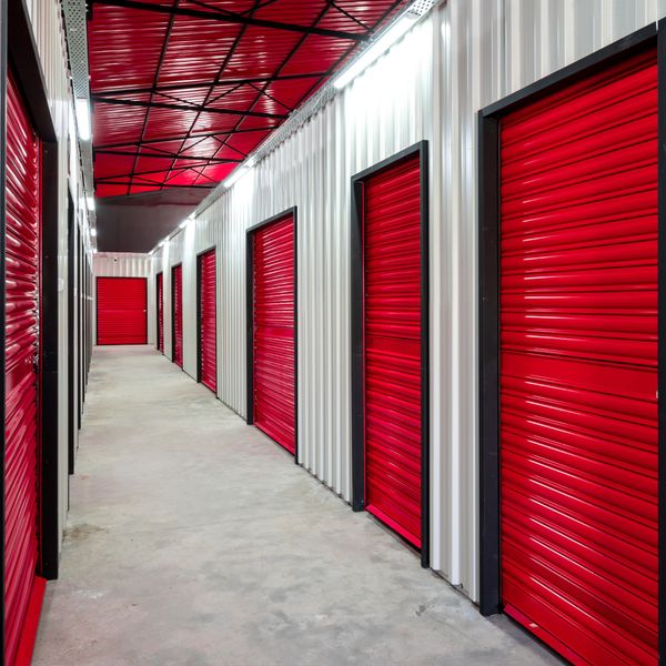 red storage unit doors