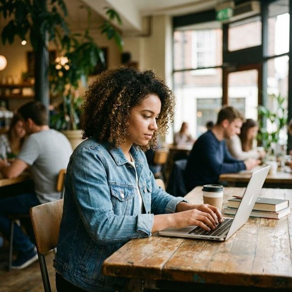 A student with a laptop working at a table in a university cafe.