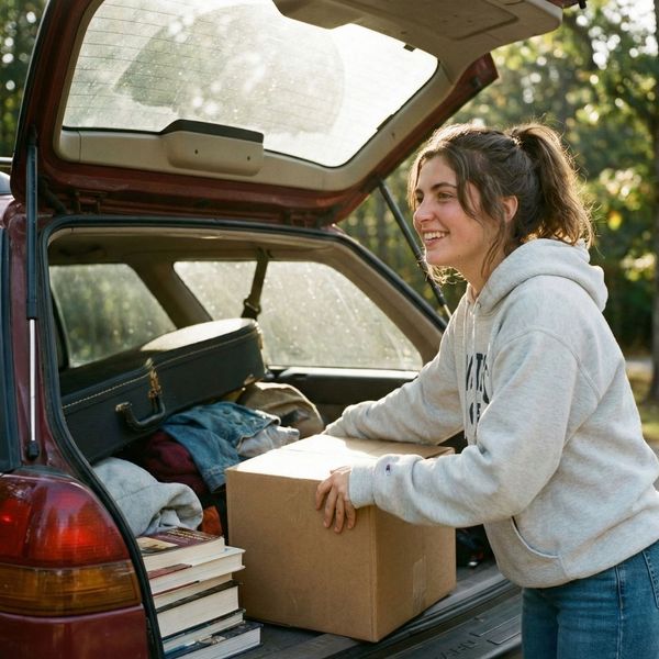 A college student smiling while packing a cardboard box into a car trunk.