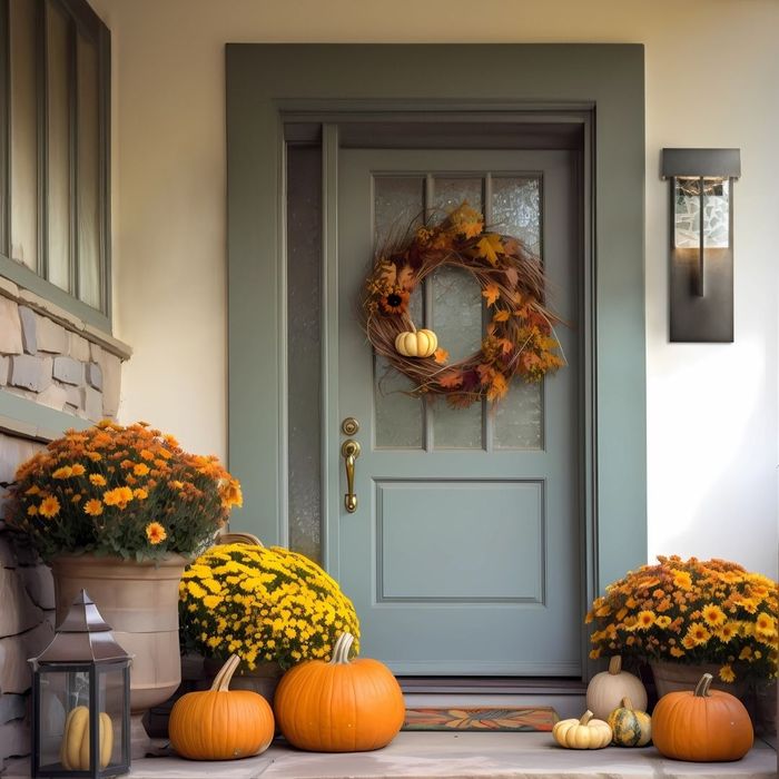 outdoor sconce near front door with fall decor nearby