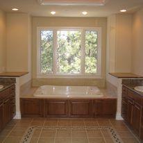 A modern bathroom with a double floating vanity Bathroom design