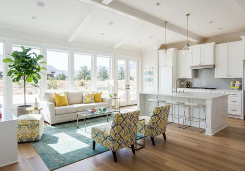Bright open-concept kitchen and living room with large windows, white cabinetry, and modern yellow accents. Santa Clara Utah Modern Kitchen Design