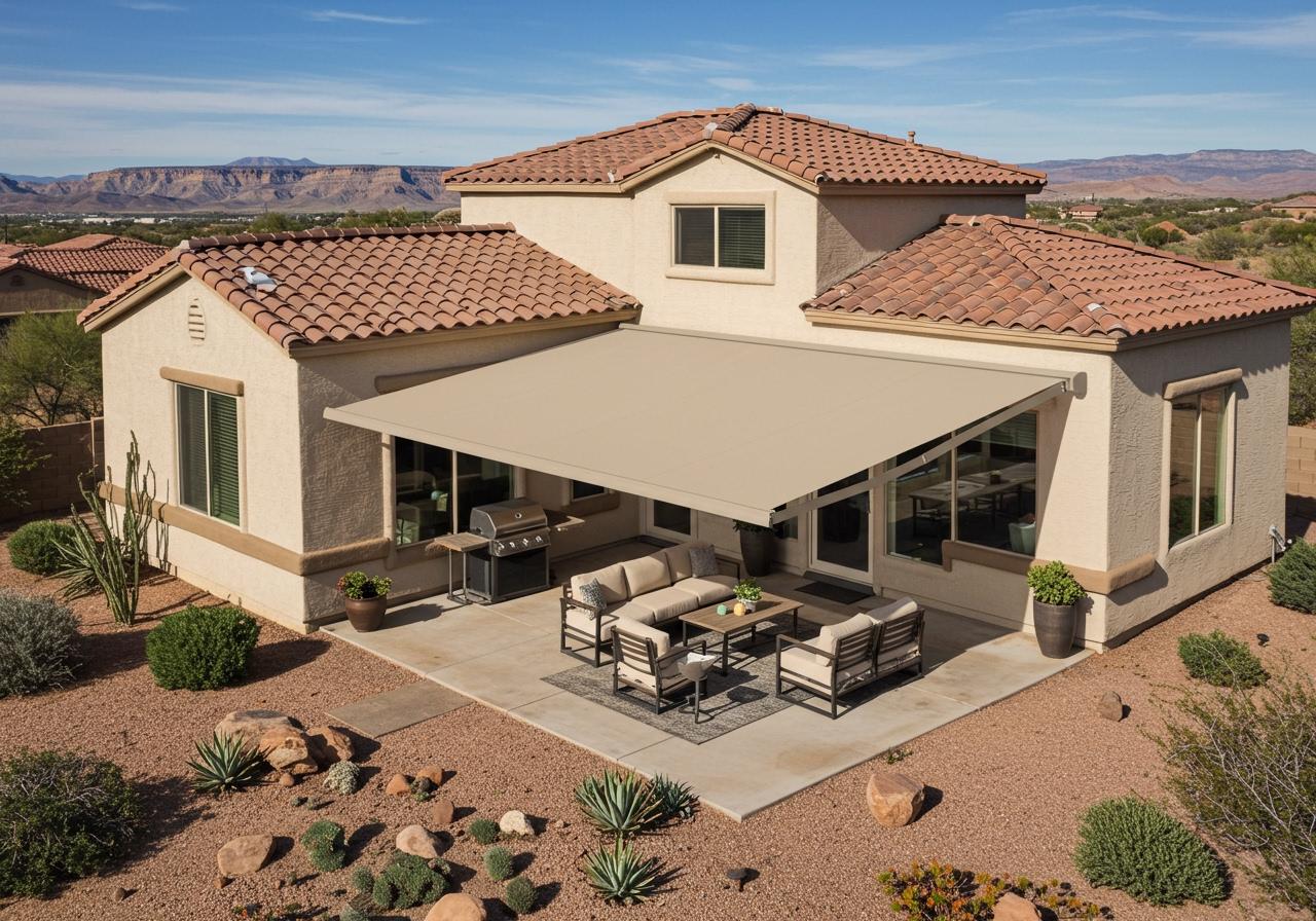 An elegant home with a retractable patio awning and an outdoor living area in Southern UtahHigh-angle aerial view of a desert modern home with a large tan retractable fabric awning extended over a concrete patio layout with outdoor seating and a grill.