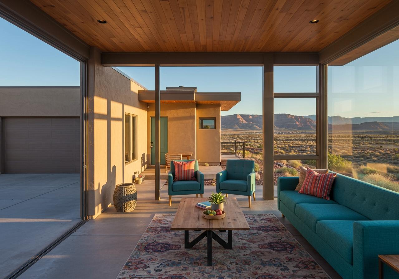 Interior of a luxury home featuring a retractable glass wall opening onto a patio. The room has mid-century modern furniture, a wood-slat ceiling, and expansive windows showcasing the red rock mountains of Southern Utah. Luxury Home Living Area with Desert View