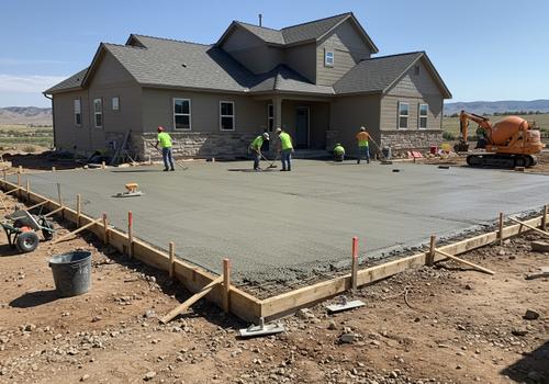 Professional concrete pouring for a new driveway and apron in St. George, Utah, with a crew leveling the mix. Concrete Flatwork