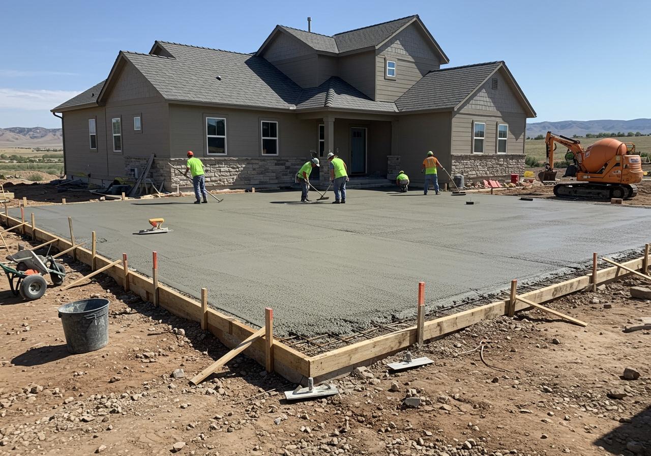 Professional concrete pouring for a new driveway and apron in St. George, Utah, with a crew leveling the mix. Concrete Flatwork