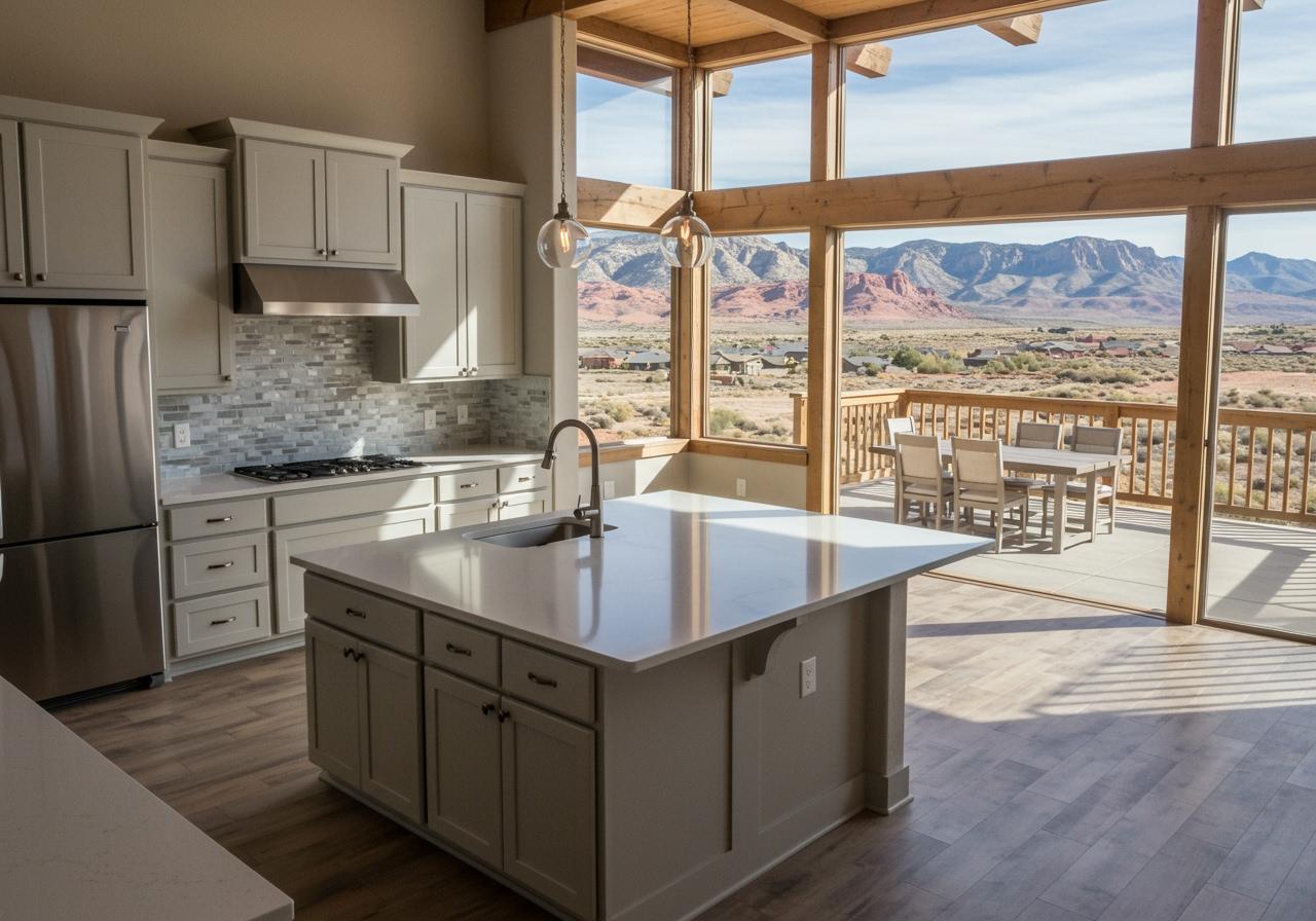 Open-concept modern kitchen remodel featuring a large white quartz island with a sink, light gray cabinets, and giant windows overlooking red rock mountain views.