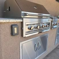 Modern bbq technology allows for a lot of tech, even outdoors! Select a high quality stone top, leave space for electrical outlets and switches, and don't forget to include some storage space for equipment! Stainless Steel Grill with all the Bells