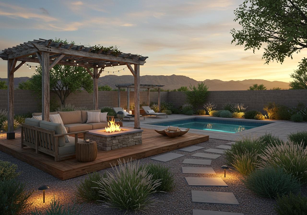 Modern outdoor living space with wooden pergola, cozy seating, fire feature, and poolside design