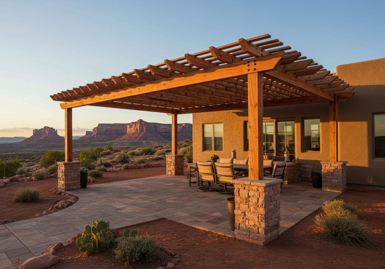 A beautiful desert landscape at sunset featuring a modern home's patio with a striking wooden pergola. The patio has stone paving and a dining area with a table and chairs. The scenic view includes majestic rock formations and mountains in the background under a warm, golden sky. This image highlights outdoor living, backyard design, and modern architecture in a natural setting. pergola design in souther utah