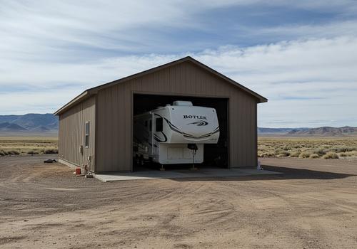 A wide-shot exterior view of a custom-built, tall, brown metal RV garage standing on a large concrete pad in an open, desert environment. A white Rotler fifth-wheel travel trailer is parked securely inside the open bay, demonstrating the ample vertical and horizontal clearance. This structure is ideal for protecting large recreation vehicles from the elements in the Hurricane and St. George, Utah areas. Custom-built metal RV garage with large fifth-wheel trailer parked inside.