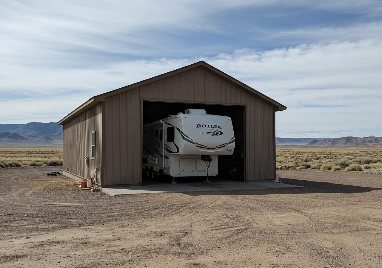 Custom-built metal RV garage with large fifth-wheel trailer parked inside.