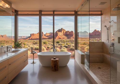 A modern bathroom with a freestanding bathtub, glass shower, and wood vanity, all featuring a large window with a view of a desert landscape and red rock mountains. modern bathroom design southern utah