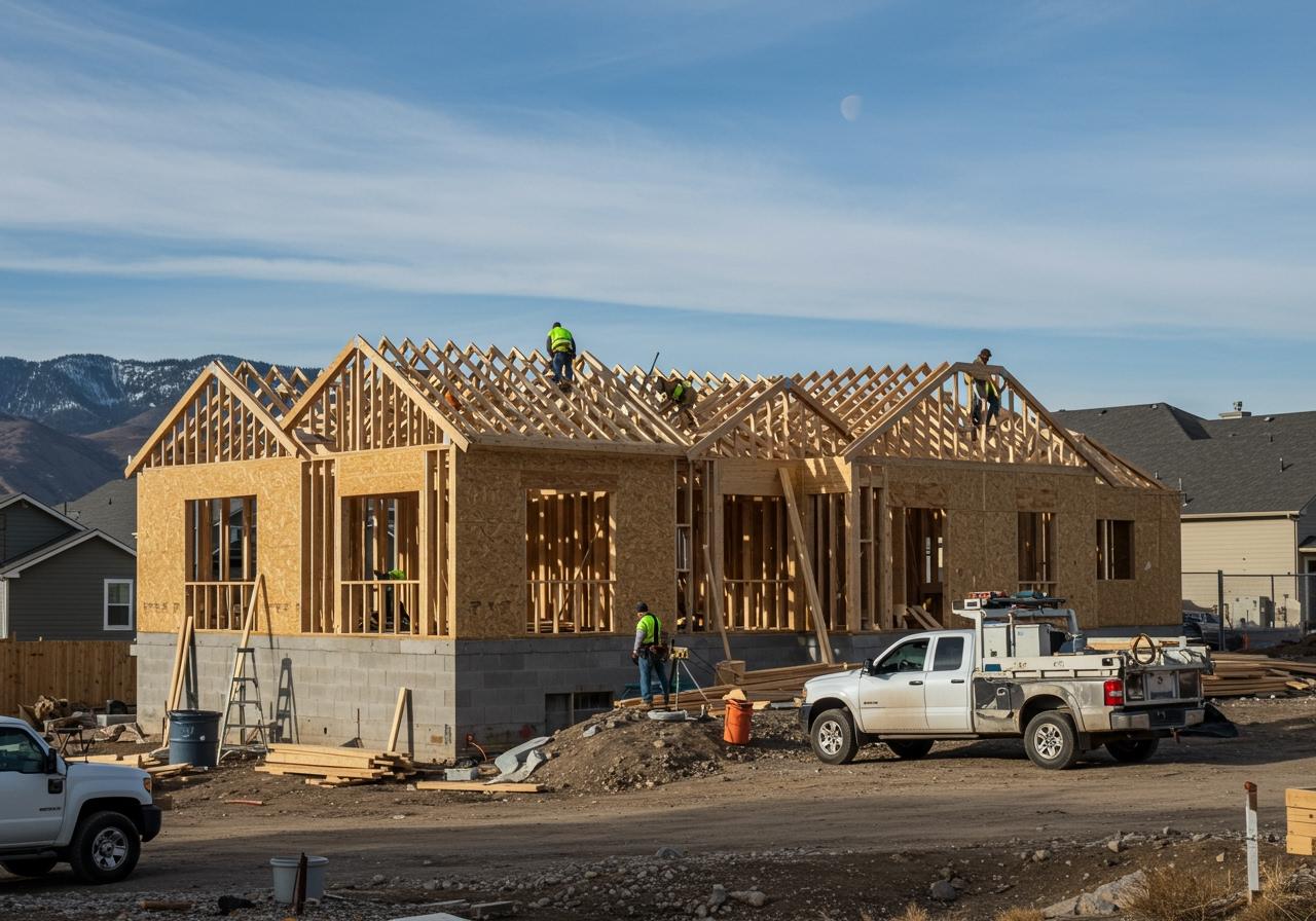 A large estate-sized home under construction featuring complex wood roof trusses and wall framing. Professional framing crews are seen working on the roof structure under a clear blue sky with snow-capped Pine Valley mountains in the background. A white construction service truck is parked in the foreground. Southern Utah Estate Home Framing Project