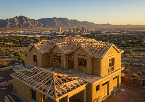 A new home construction site with a full wood frame and roof trusses, with a city skyline and mountains in the background. house house framing