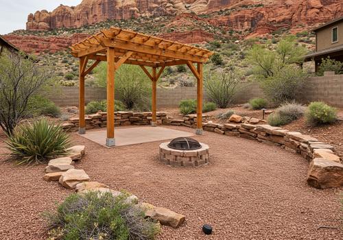 A freestanding, four-post wooden pergola with a lattice roof covering a brick-ringed fire pit and small gravel patio area, surrounded by desert shrubs and large red rock cliffs. Wood Pergola and Fire Pit with Red Rock View
