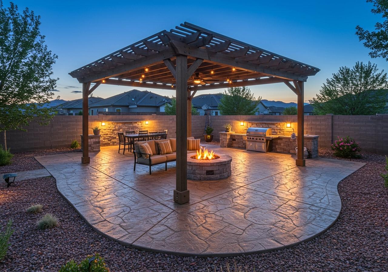 A large backyard patio with brown stamped concrete, a modern wood pergola, and a central gas fire pit at dusk. A large backyard patio