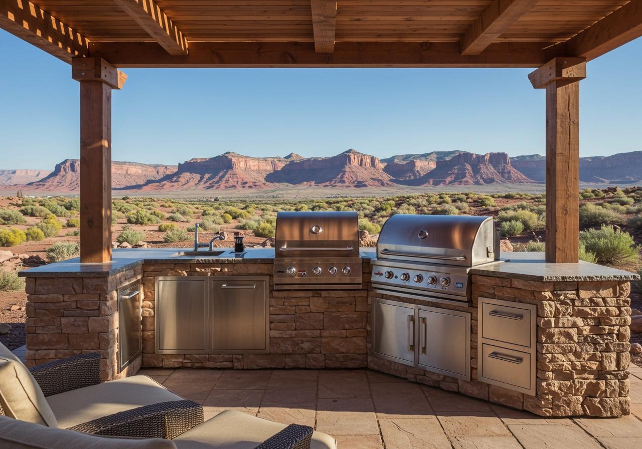 Luxury outdoor kitchen with stainless steel grill, stone countertops, and mountain desert view Modern outdoor kitchen with stainless steel appliances and scenic mountain backdrop