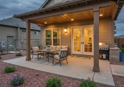 A photograph taken at dusk showing a covered outdoor patio addition on the back of a beige-sided house. The patio has a natural wood ceiling, recessed lighting, and sturdy wood columns. A glass French door leads into the home's interior. The patio is furnished with a four-seat outdoor dining set and a built-in masonry grill area on the right. The ground is a concrete slab surrounded by decorative red gravel and small shrubs. Exterior View of a Home with a Newly Built Covered Porch and BBQ Station.