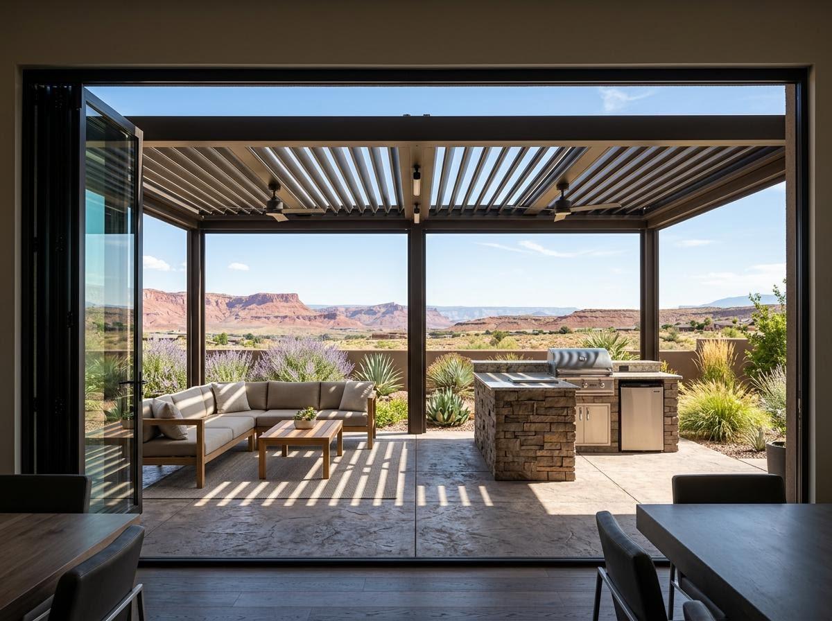Clean interior view looking out onto a custom, wind-resistant aluminum louvered pergola with an outdoor kitchen and a view of red rock mesas in St. George, Utah. Custom Aluminum Louvered Pergola Installation St. George Utah