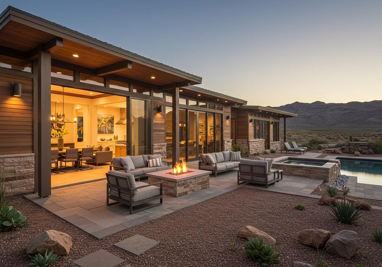 An elegant outdoor living space with a firepit, patio, and pool, surrounded by native desert plants. High-end desert modern home exterior at twilight, showing an expansive outdoor living area with a built-in stone fire pit table, lounge seating, pool, and hot tub.