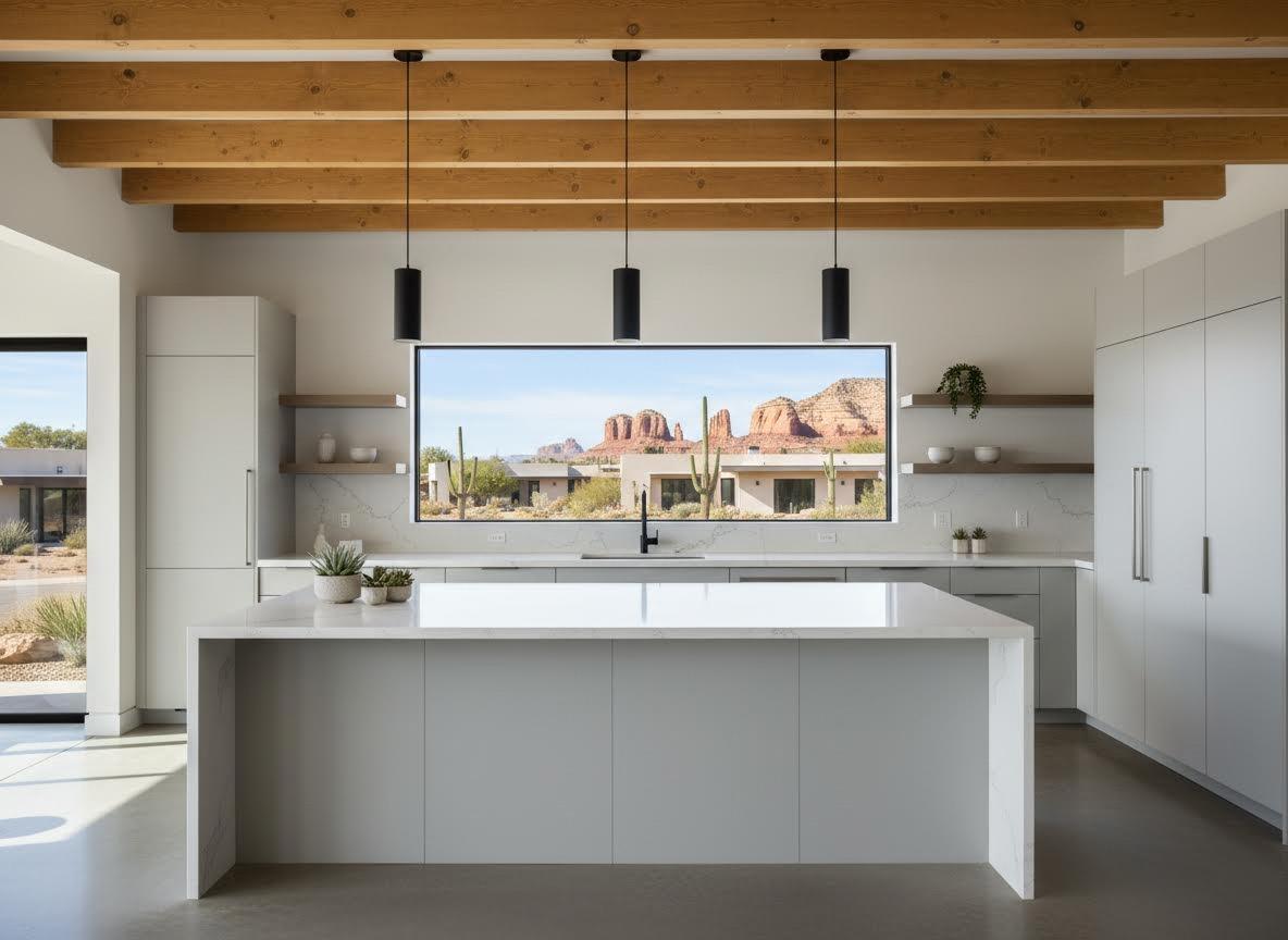 Custom Desert Modern Kitchen featuring a central picture window, exposed timber ceiling, and a sleek quartz waterfall island.