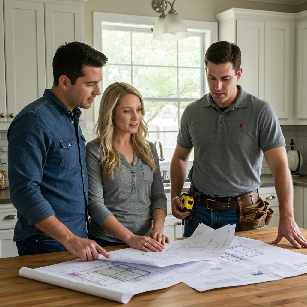 Couple reviewing kitchen renovation blueprints with their contractor, finalizing the design plan.	