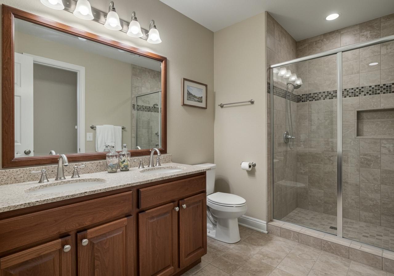 Completed Bathroom Renovation with Wood Vanity and Tiled Walk-In Shower.